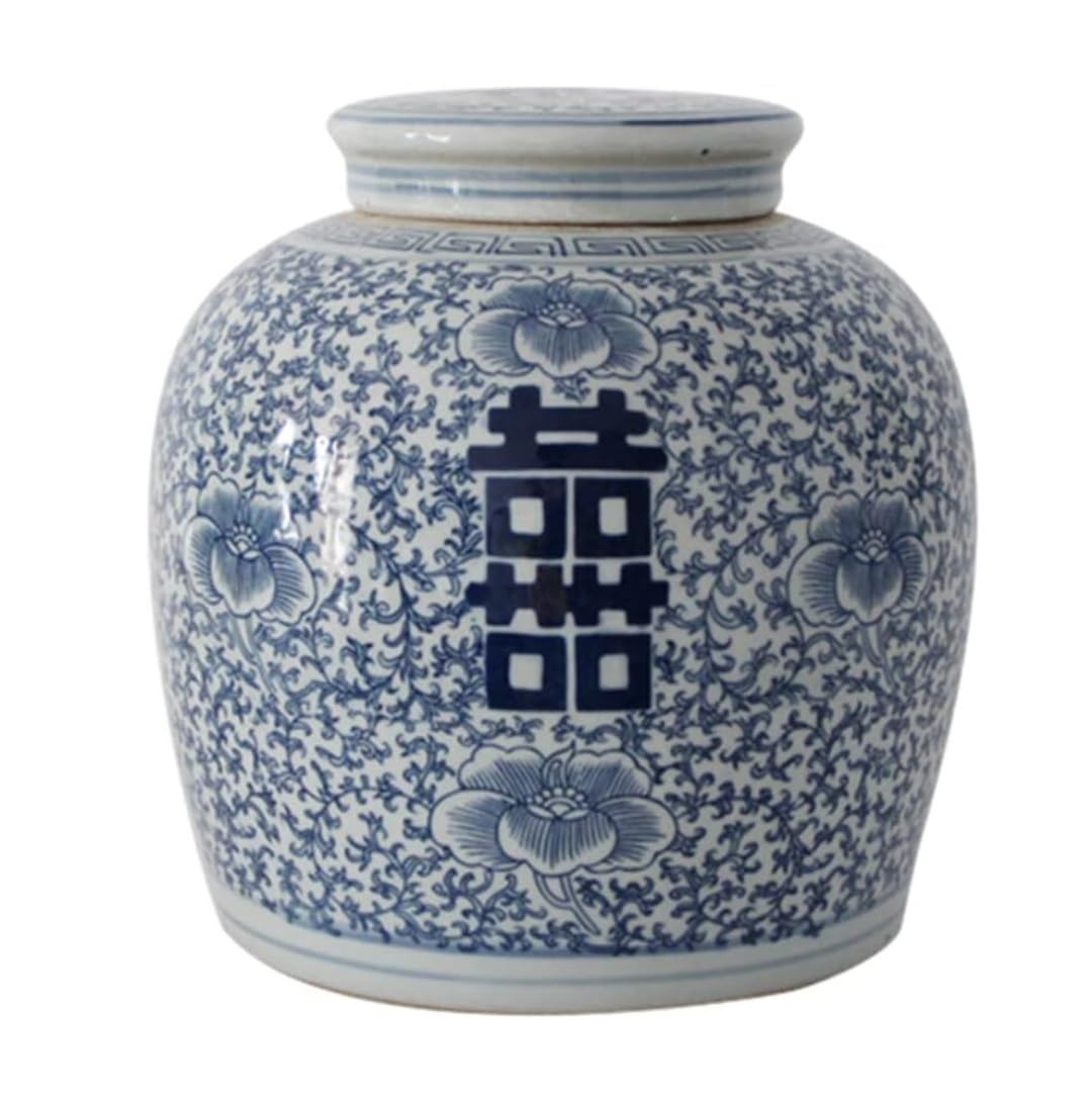 CVdrtyED Home Decor Chinese Tradition Ceramic Ginger Jar Vase With Lid Decorative Double Happiness Porcelain Jars Temple Ginger Jar