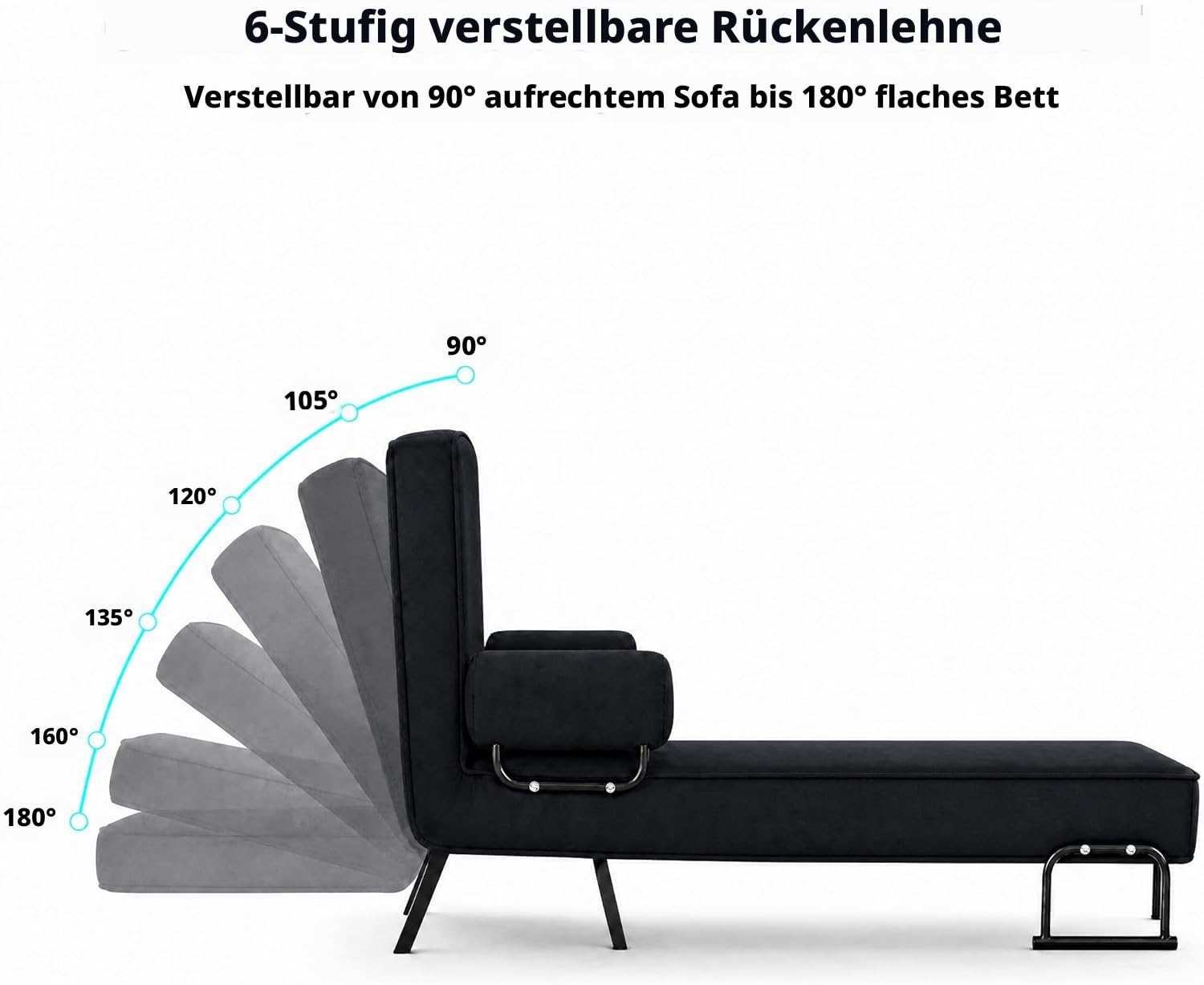 LSLIFE 4 in 1 Schlafsessel, Schlafsofa mit Bettfunktion Armlehnen & Kissen verstellbar 6-Position Rückenlehne Liegestühl Lounge Couch Guest Sleeper Sessel für Home Office ﻿ (80cm schwarz)