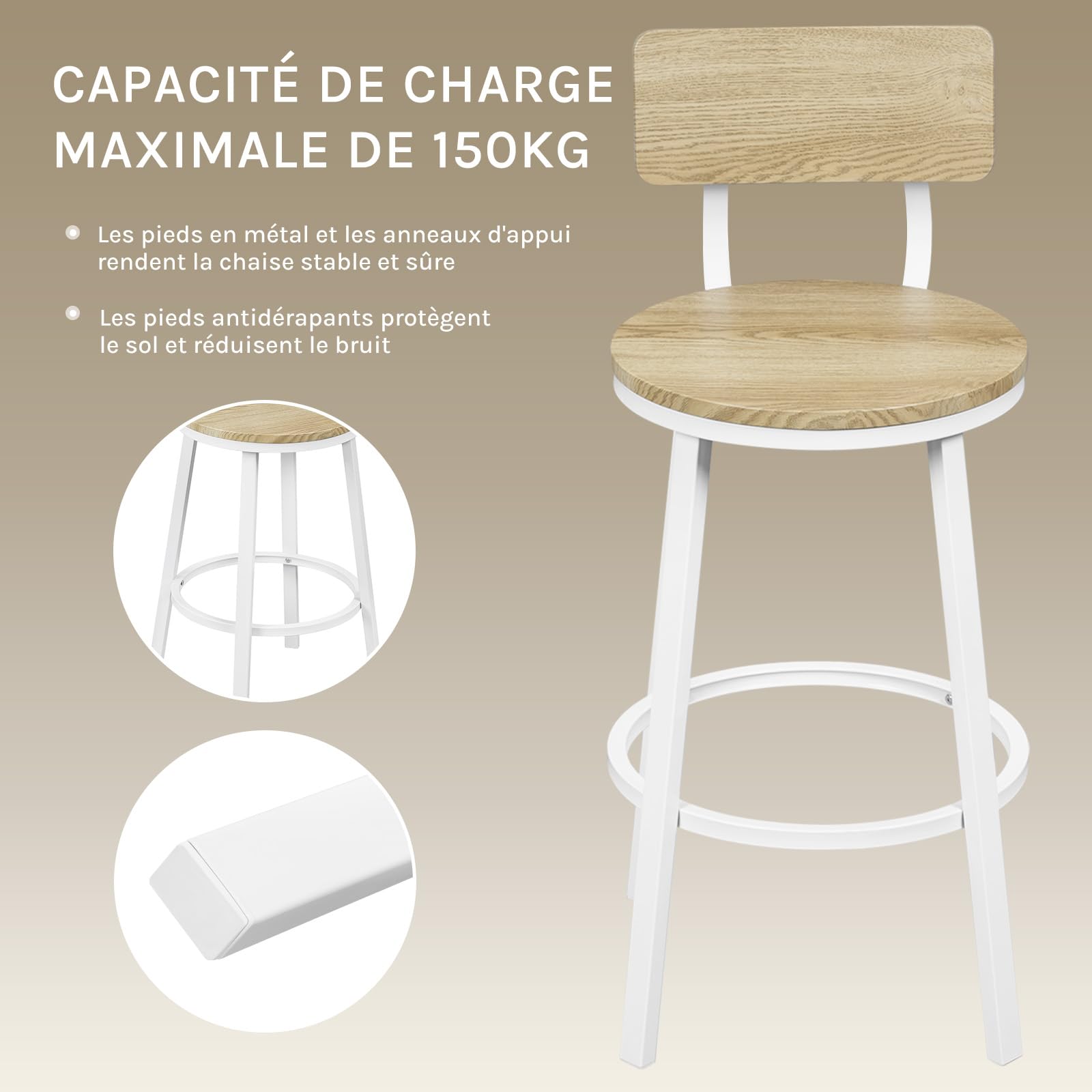 WOLTU Tabouret Bar Lot de 2, Chaise de Bar avec Repose-Pieds et Dossier, Tabourets Haut pour Îlot Central Cuisine, Salle à Manger, Café, Comptoir, en Métal, Chêne Clair