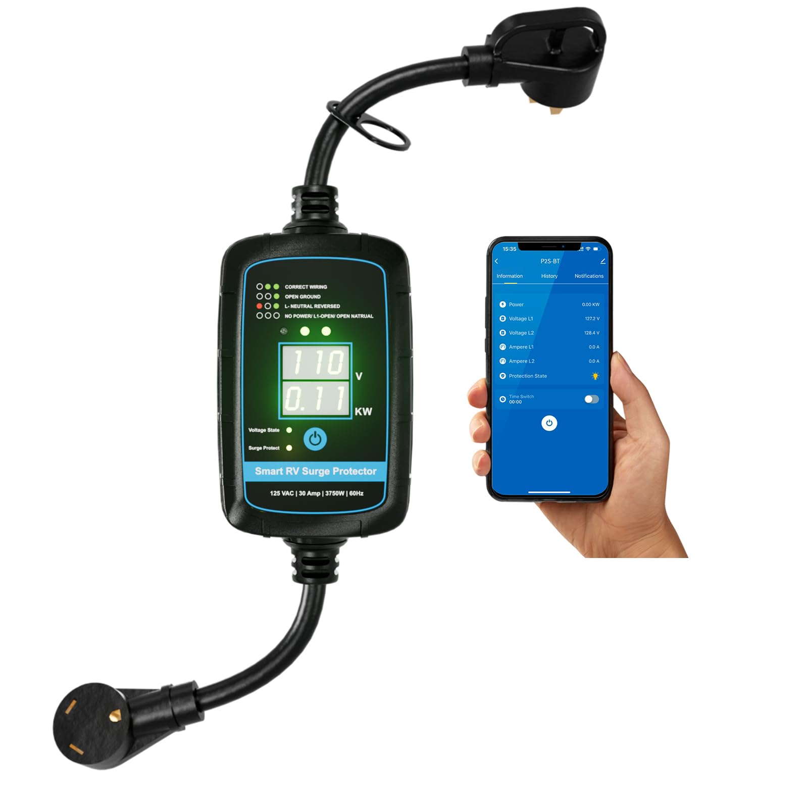 Smart Bluetooth 30 Amp RV Surge Protector with App Control and Energy Monitoring (UL Listed)