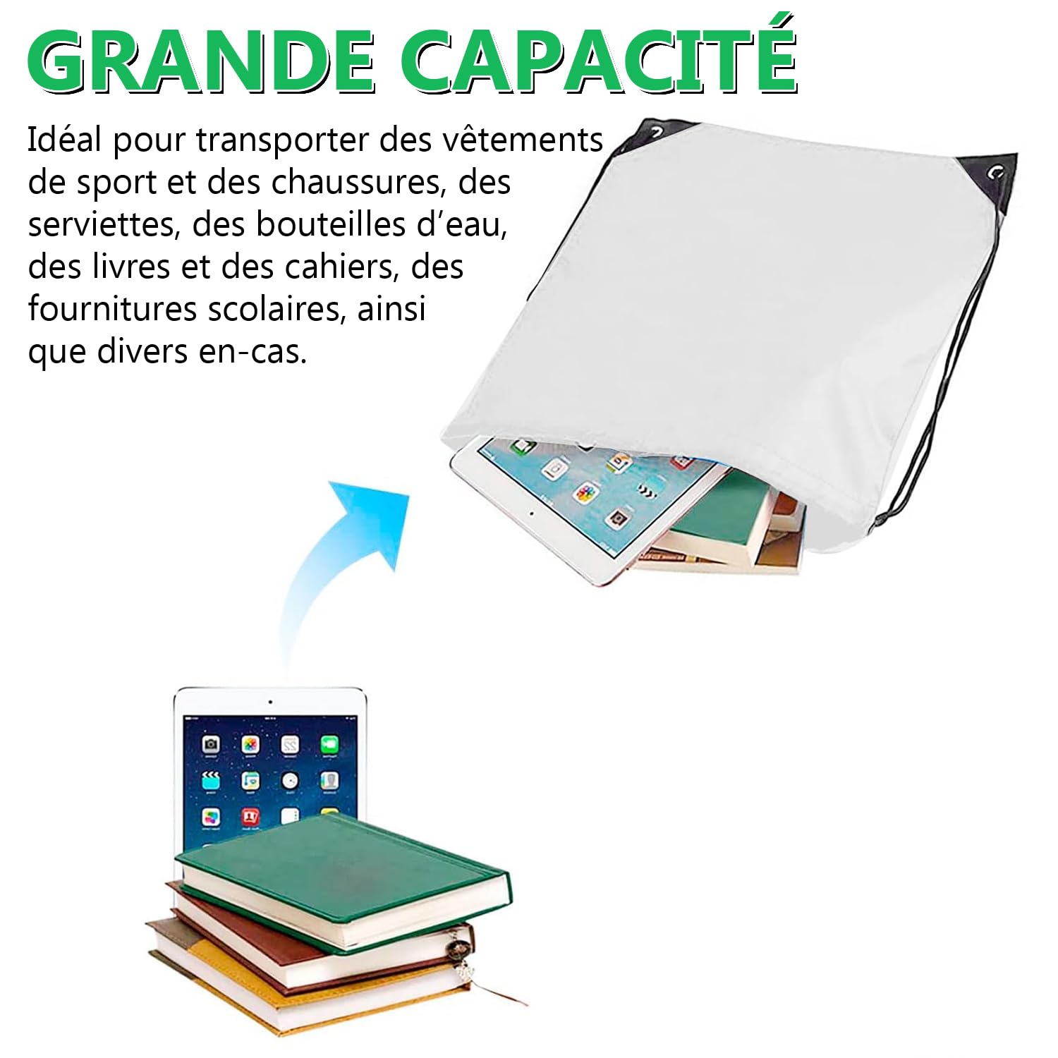Lot de 30 Sacs à Cordon pour Sublimation, Polyester Blanc 40 x 34 cm | Sacs de Gym Personnalisables Compatibles Presse à Chaud pour Sport, DIY, Cadeaux, Clubs, Événements et Projets Créatifs