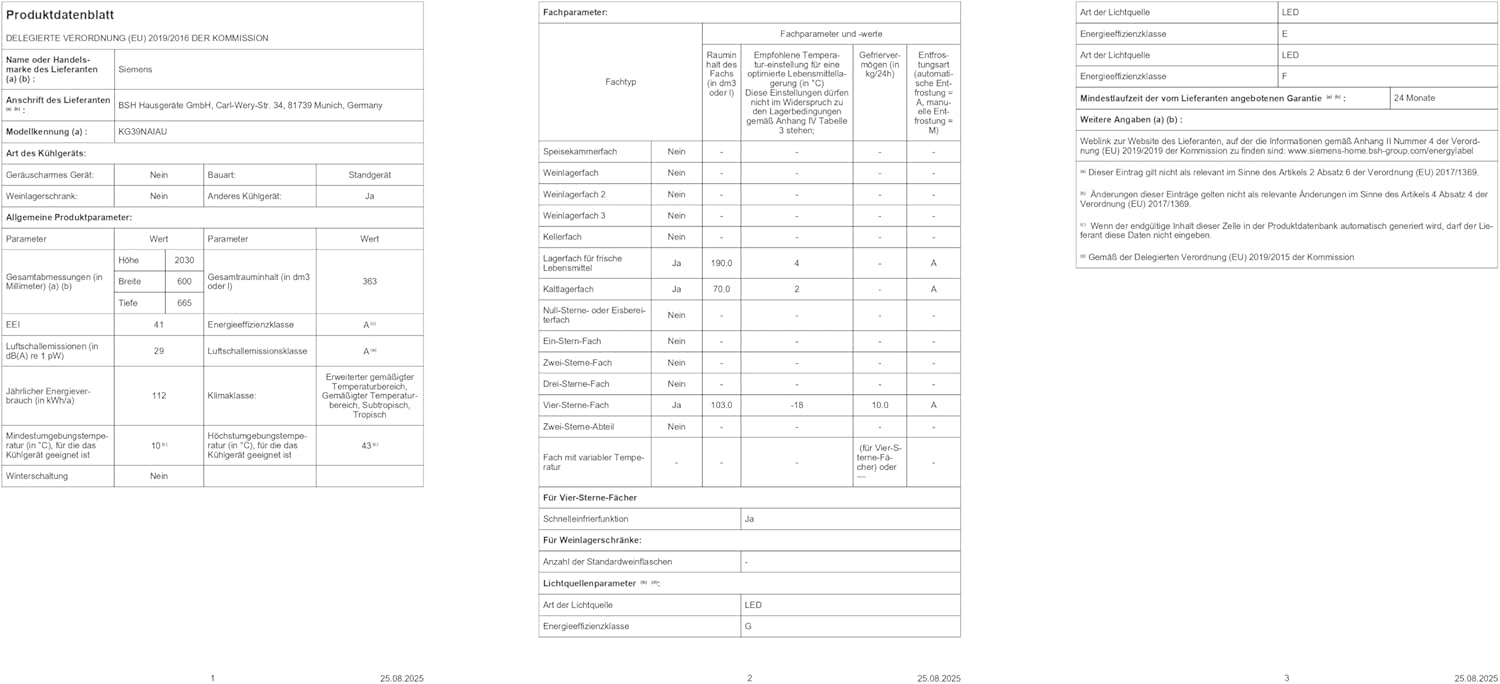 Siemens iQ500 KG39NAIAU Freistehende Kühl-Gefrier-Kombination 363 l Total noFrost hyperFresh LED Beleuchtung 203 x 60 cm Gebürsteter Stahl AntiFingerprint