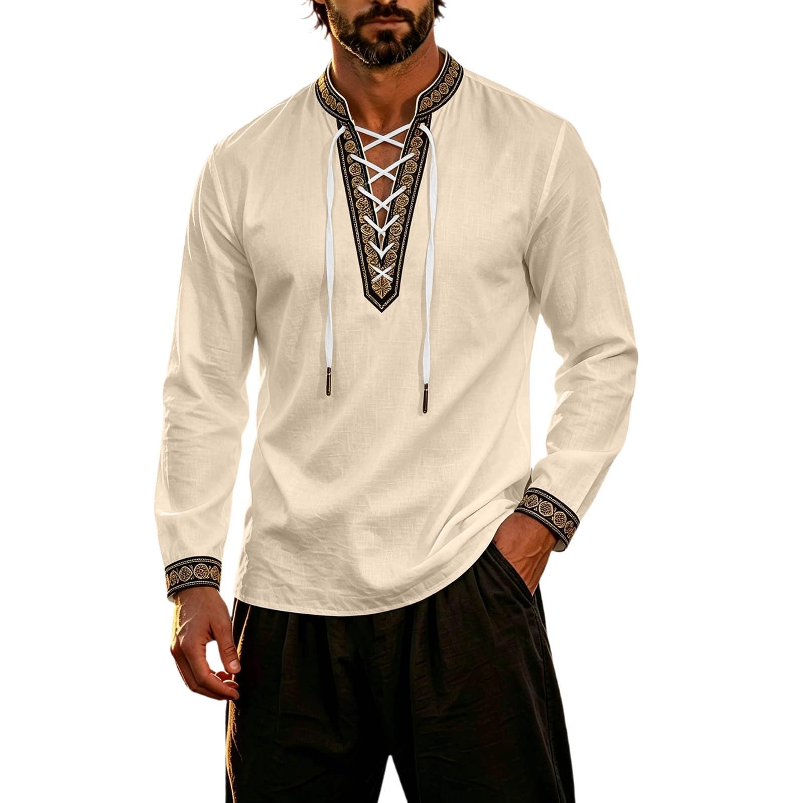 Classic Themed Men's Long Sleeve Shirt for Adventure Nautical Style Top with for Everyday Wear and Cosplay (e-Beige, S) — image 1