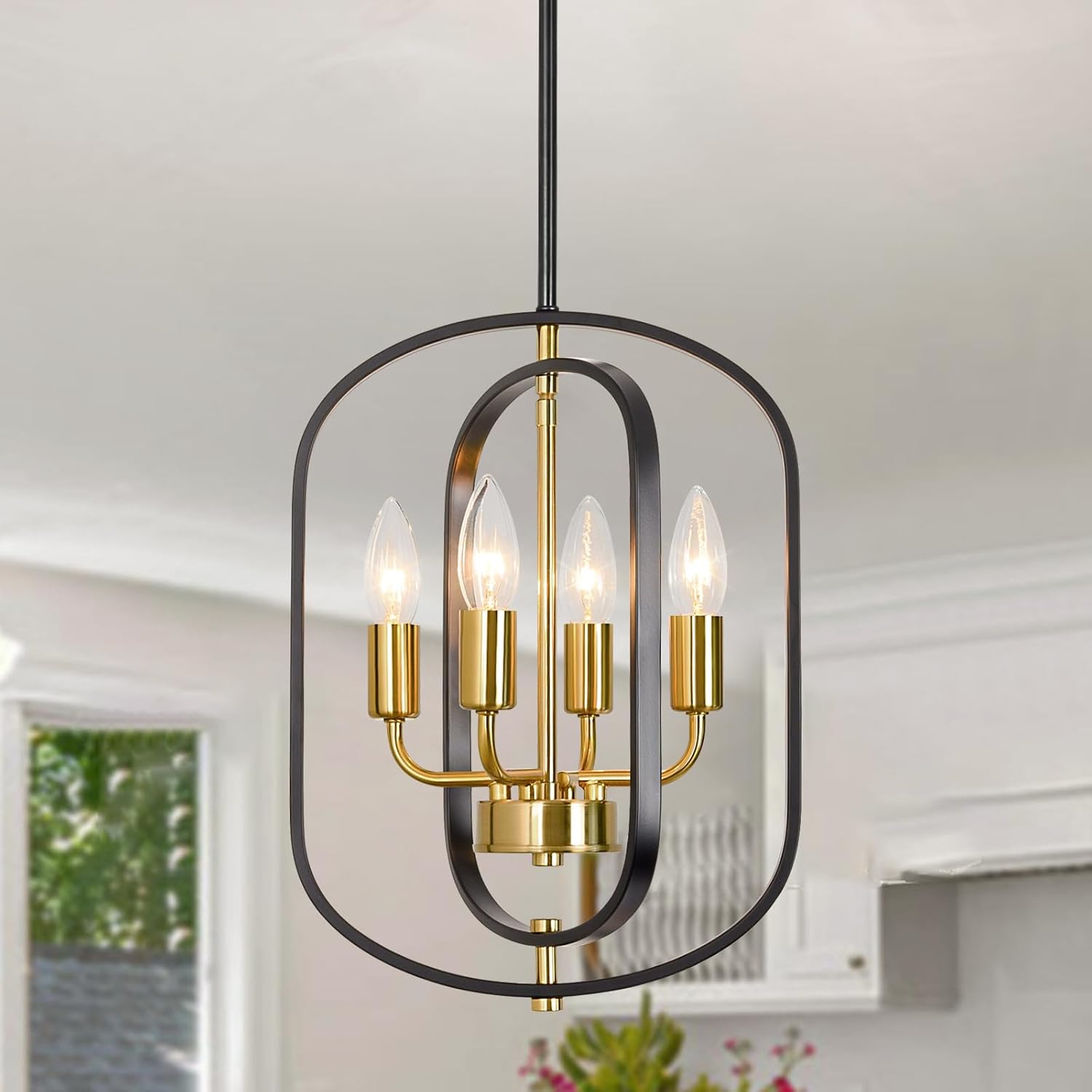 Black and Gold Chandelier, Modern Farmhouse Pendant Light Fixture for Dining Room, Kitchen Island, Entryway, Hallway, Living Room, Foyer, Bedroom, Adjustable Dimmable Small Geometric Ceiling Lighting