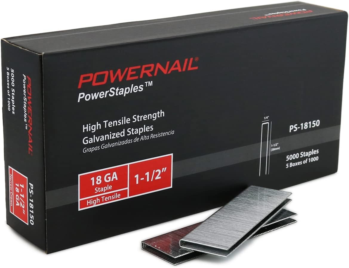 PS18150 18 Gauge 1/4 Inch Narrow Crown Staples, 1-1/2 Inch Length Heavy Duty Galvanized Chisel Point Staples for Electric or Pneumatic Narrow Crown Stapler Guns (Box of 5,000)