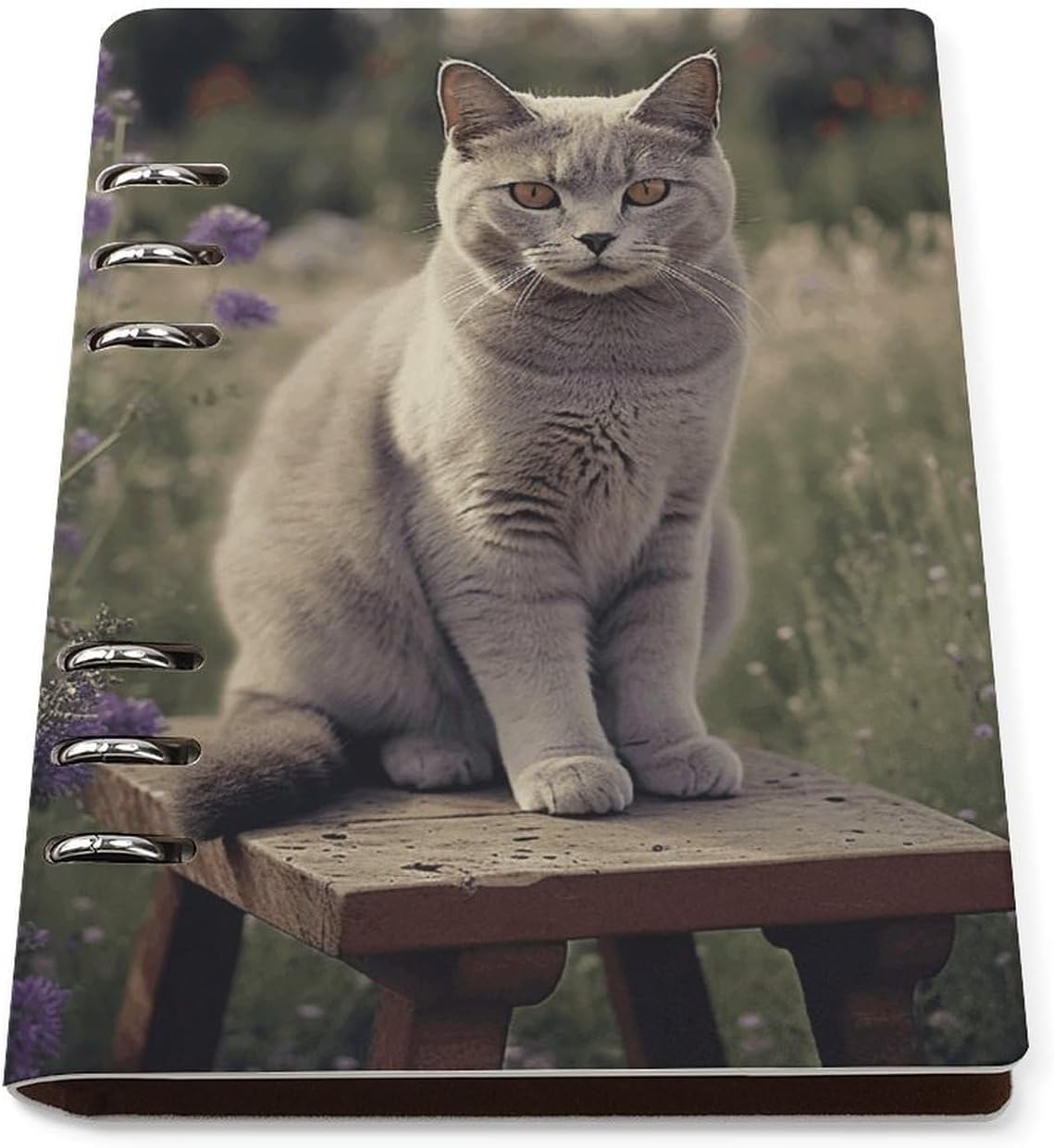 Gray Cat in Flower Field Notebook, A5 PU Leather Loose Leaf Notebook with 90 Sheets - Refillable Binder for Writing, Note Taking, Journaling