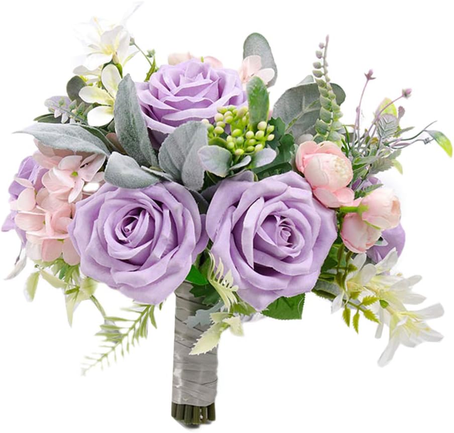 Bridal Holding Wedding Bouquet Fabric Lavender Pink Rose Peony Mix Flowers Bridal Throw Bouquet for Wedding Brides Bridesmaid Hold Flower