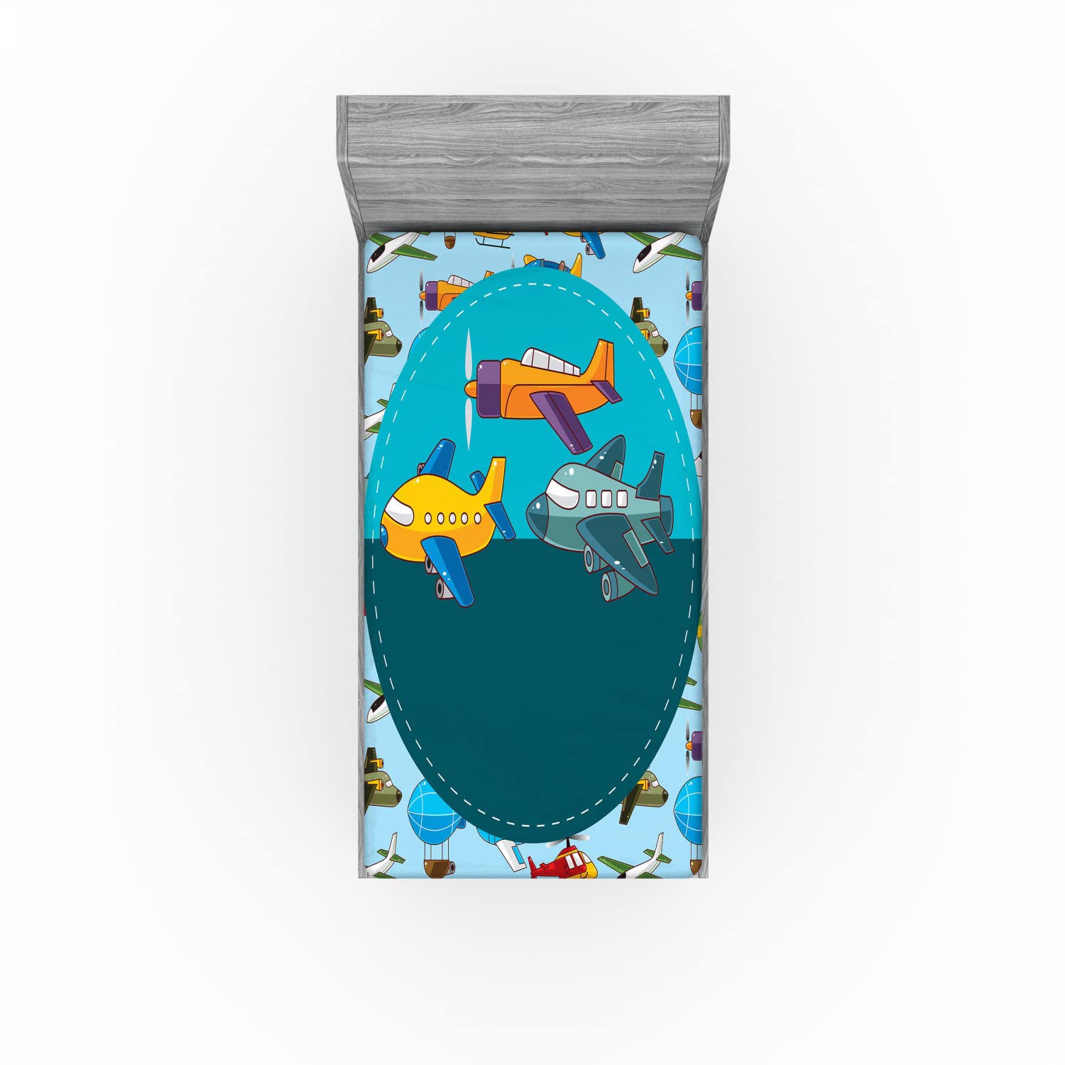 Ambesonne Party Fitted Sheet, Colorful Retro Style Various Cartoon Airplanes Air Balloons Zeppelins Boys, Soft Decorative Fabric Bedding All-Round Elastic Pocket, Twin Size, Sky Blue Teal