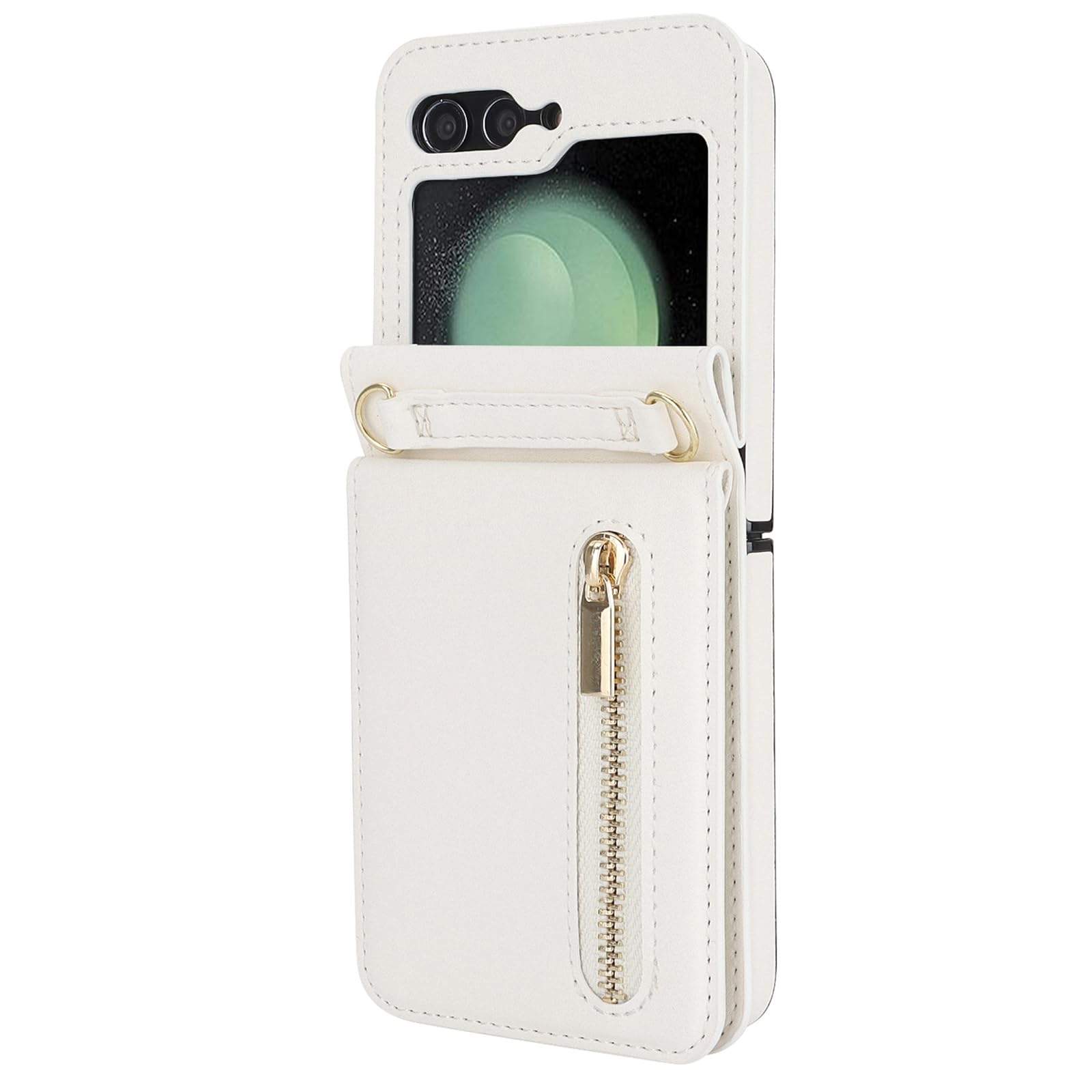 Skórzane etui do Samsung Galaxy Z Flip 6, crossbody w górę i w dół etui z klapką na zamek błyskawiczny etui na telefon z przegródką na karty, podpórka, odporne na wstrząsy, białe