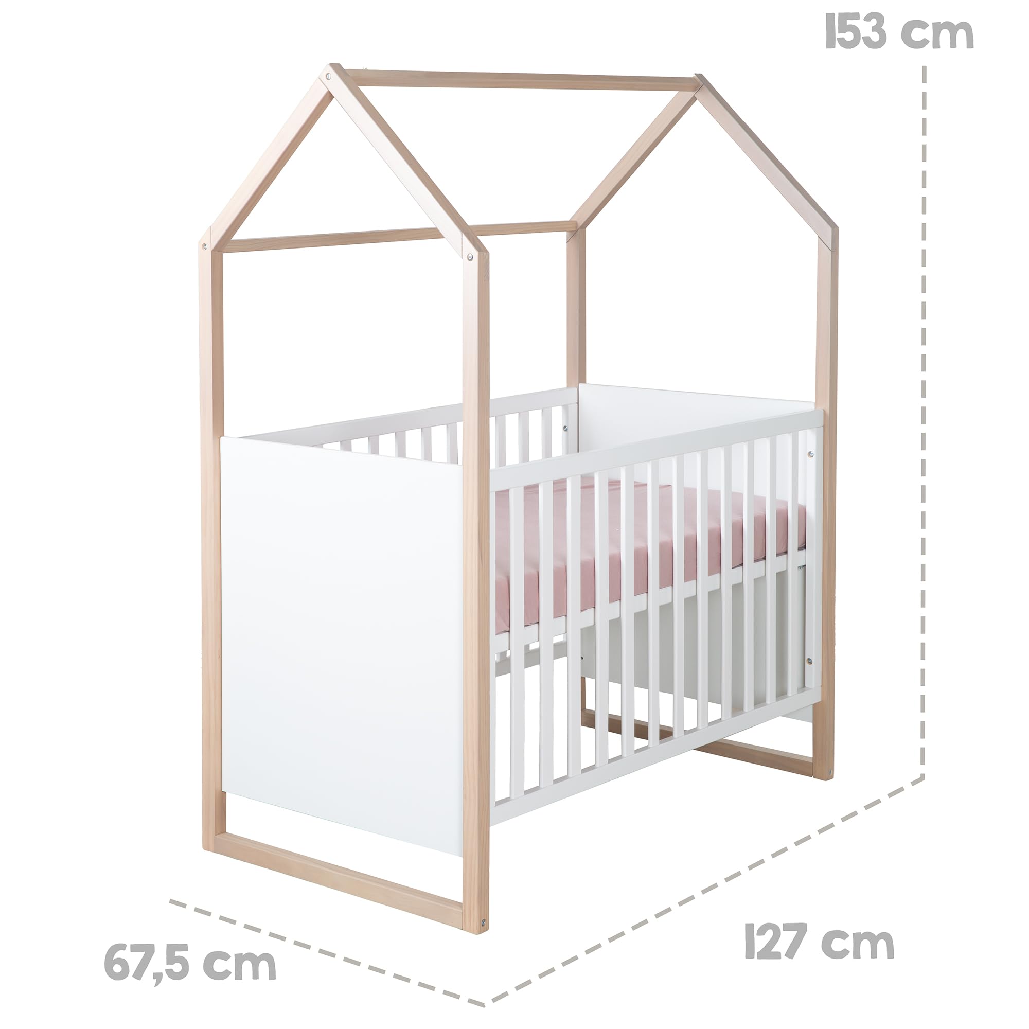 roba 2in1 Baby- & Beistellbett Cabane in Hausoptik - 60 x 120 cm - 6-fach Höhenverstellbar - 5 herausnehmbare Sprossen - Bicolor - Holz natur + Weiß