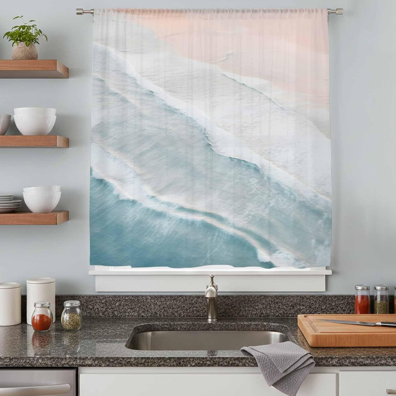 Beach Sheer Curtains 84 Inches Length, Summer Abstract Coastal Volie Sheer Curtain Panel for Living Room, Blue Beige Seaside Rod Pocket Kitchen Curtains Window Treatment Drapes for Bedrooom