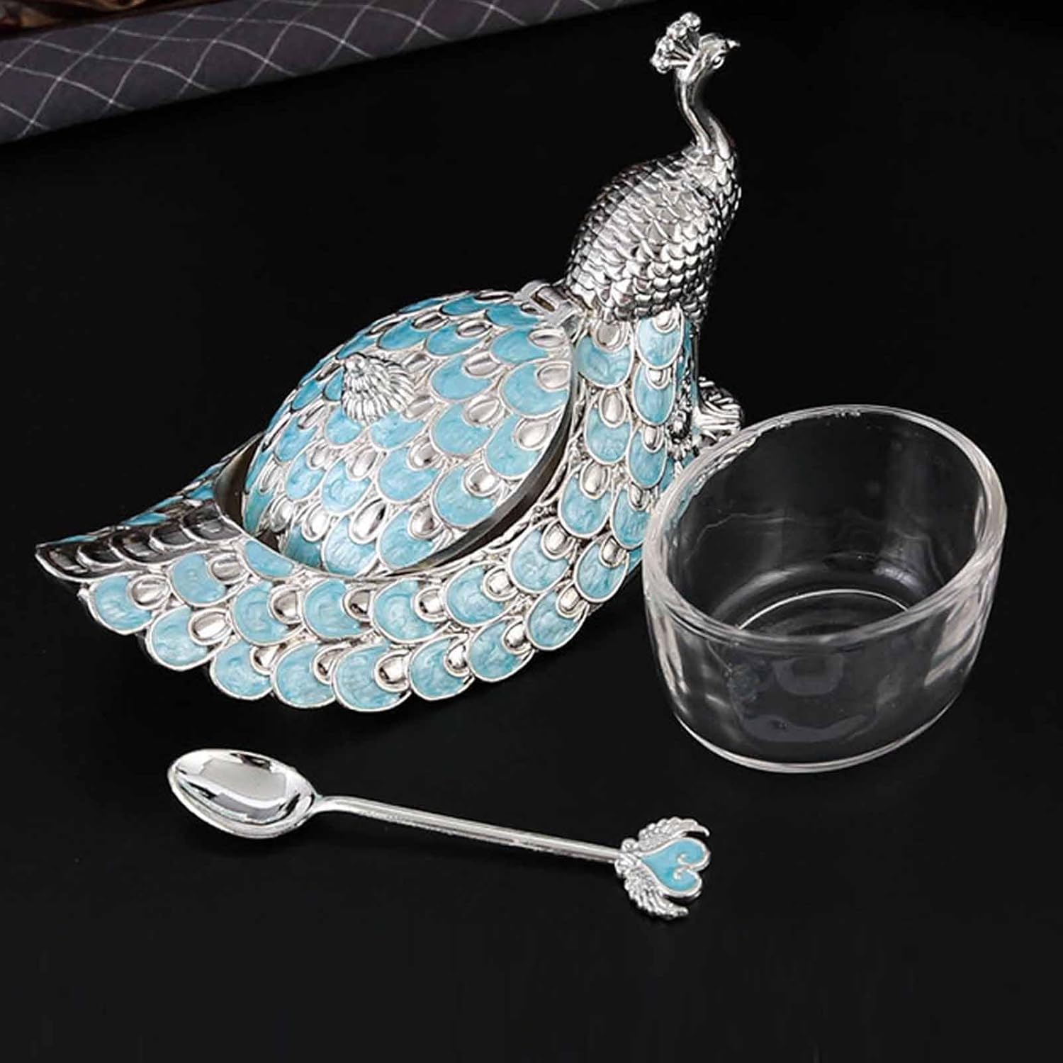 Sugar Bowl with Lid and Spoon Peacock Shaped Vintage Exquisite Embossed Sugar Container for Home Kitchen Coffee Bar Accessories