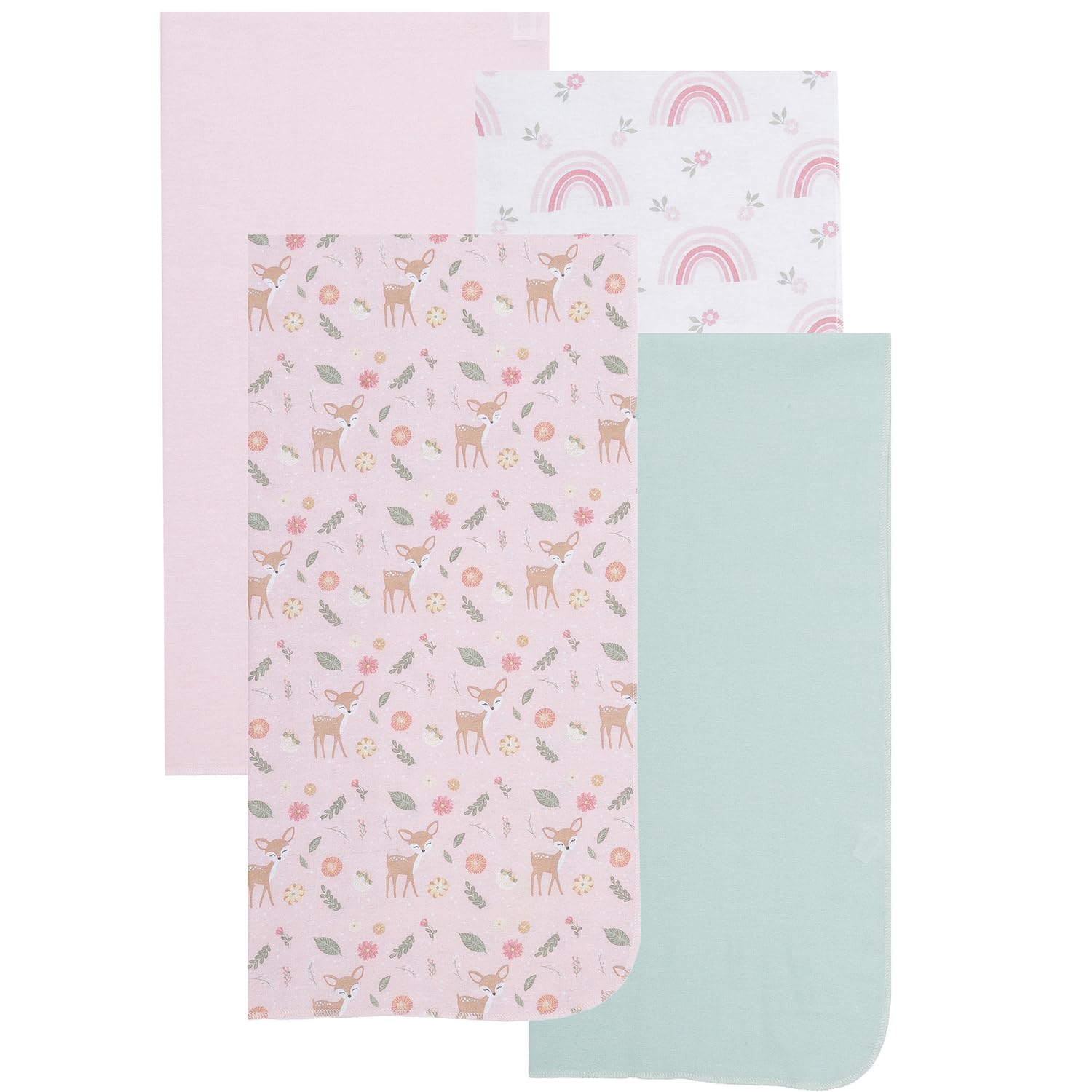 EVERYDAY KIDS 4 Pack of Soft Flannel Receiving Baby Blanket Set for Girls; Pink Baby Swaddle Blankets with Woodland Baby Deer and Rainbow Designs for Newborn Baby Girl Nursery