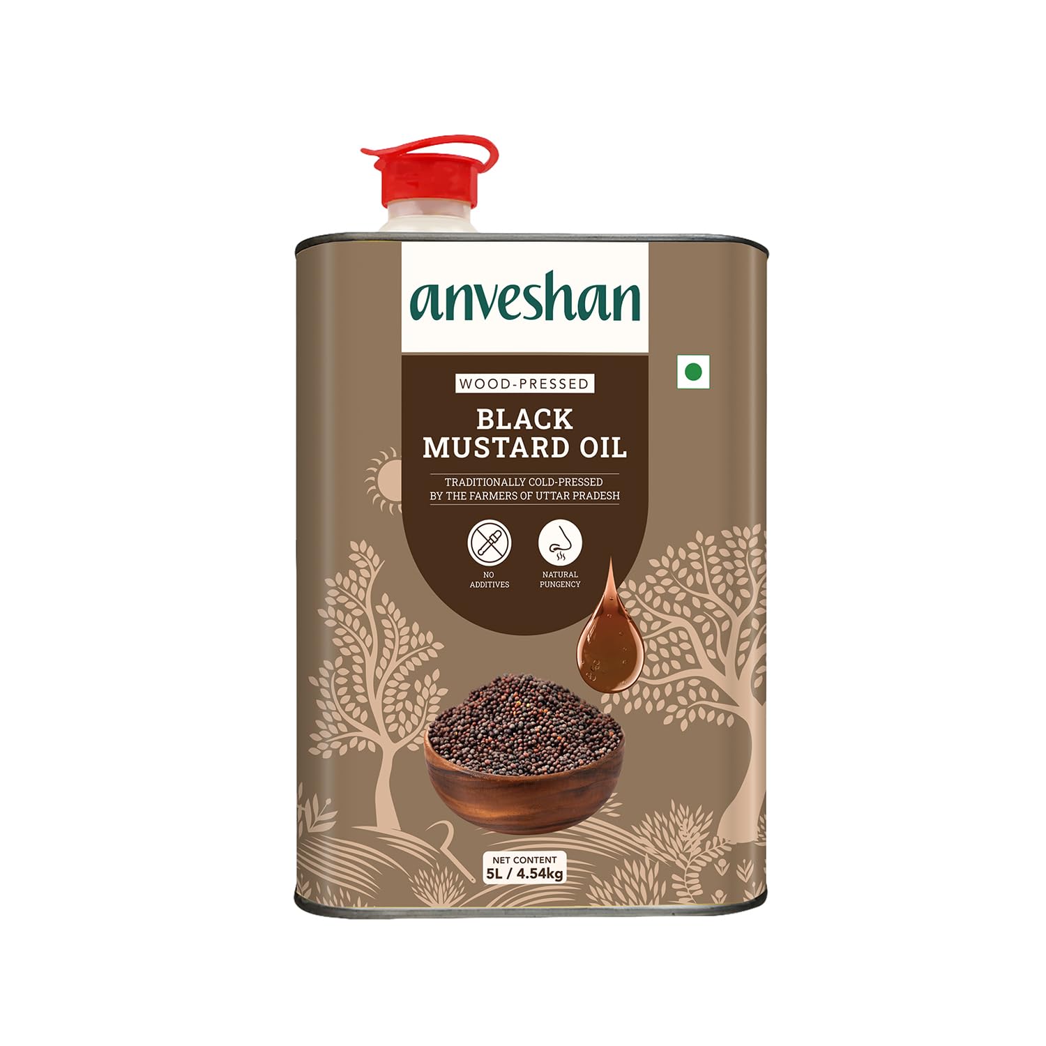Anveshan Wood Cold Pressed Mustard Oil - 5 Litre (Cold Pressed - Extracted on Wooden Churner) | Tin Can | Black Mustard Oil | Kolhu/Kacchi Ghani/Chekku | Perfect blend of Health, Taste & Aroma
