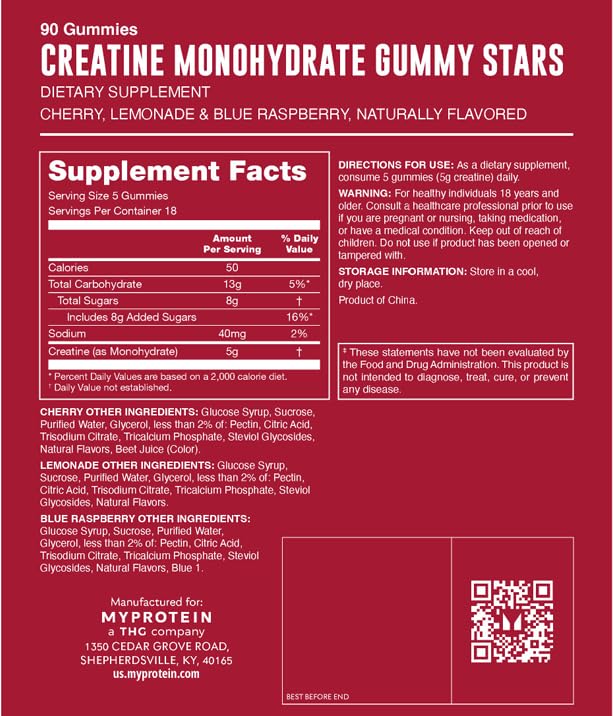 Image of Myprotein Creatine Gummies, Red, White and Blue, 90 Count | 5g Creatine Monohydrate per Serving, 18 Servings, Chewable Strength & Recovery, Vegan, Non-GMO