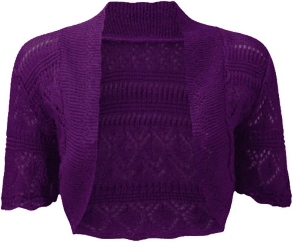Hina Fashion Womens Ladies Half Sleeve Crop Crochet Knitted Bolero Shrug Cardigan (Large, Purple)