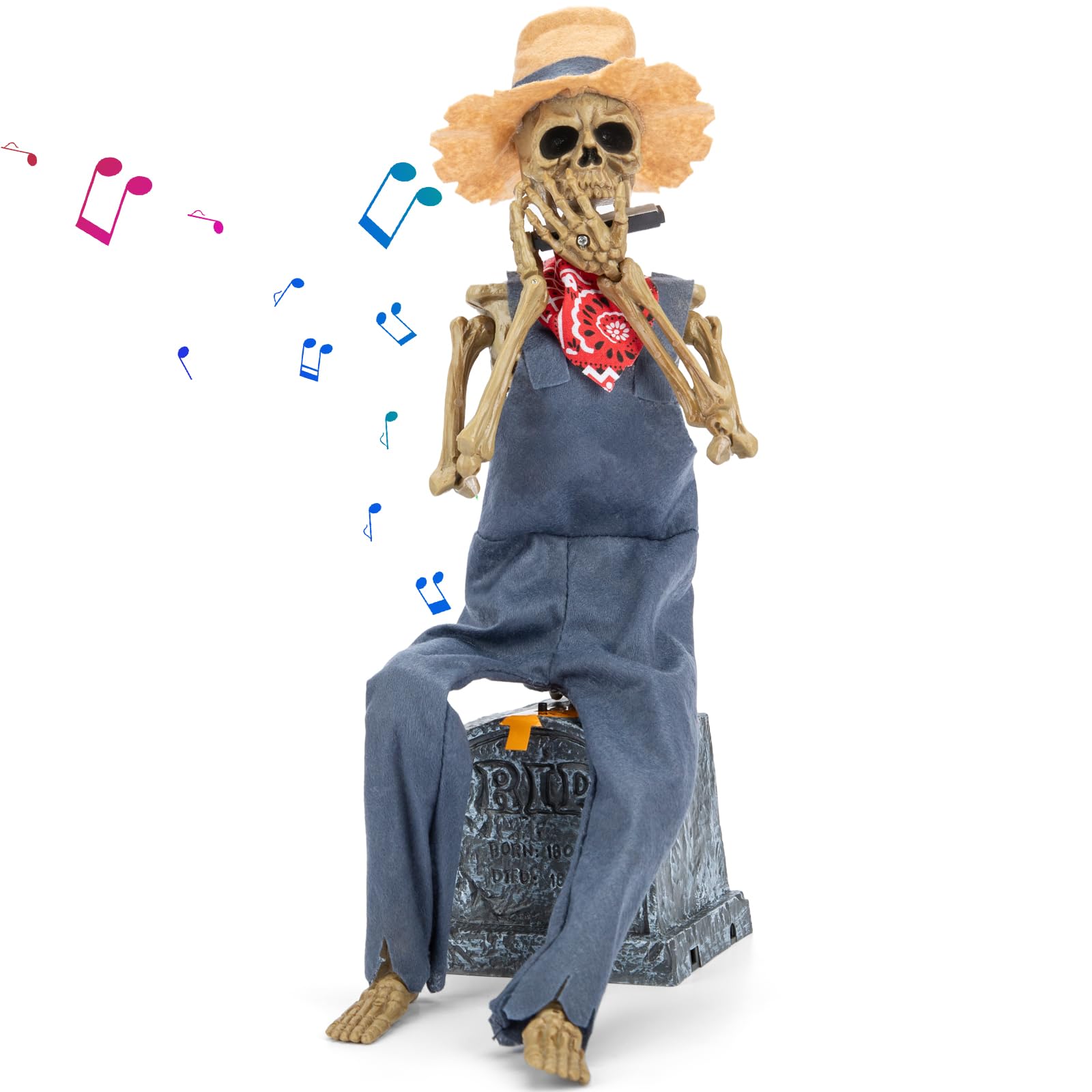 12.5“ Skeleton Harmonica Cowboy Player Halloween Decorations Indoor Funny Skeleton Tabletop Ornament Collectible Figurines Halloween Decor