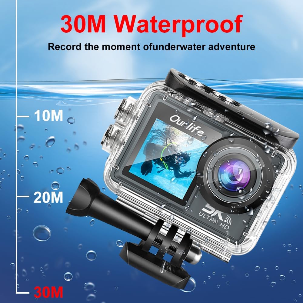 Ourlife Action Camera in waterproof case submerged in water, showing 30M depth