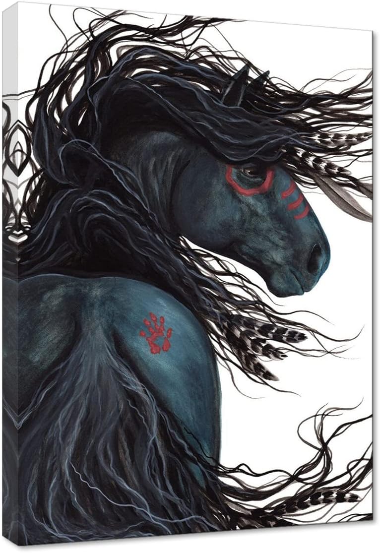 LamArts Majestic Black Stallion Wall Art Native American Spirit Horse Poster Indian Animal Oil Paintings Giclee Modern Artwork Printed on Canvas for Home Decor Inner Framed Ready to Hang, 16x24''
