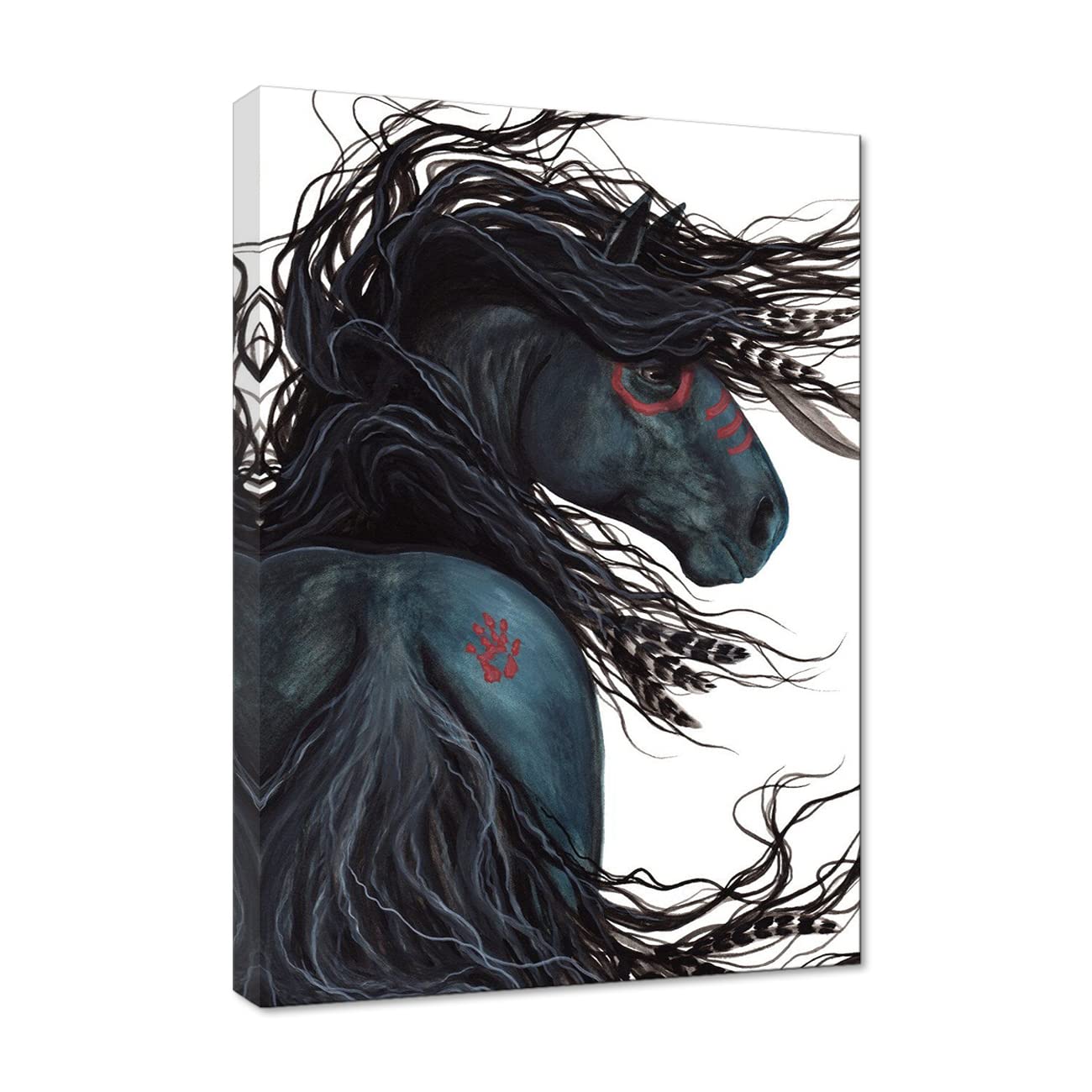 LamArts Majestic Black Stallion Wall Art Native American Spirit Horse Poster Indian Animal Oil Paintings Giclee Modern Artwork Printed on Canvas for Home Decor Inner Framed Ready to Hang, 16x24''