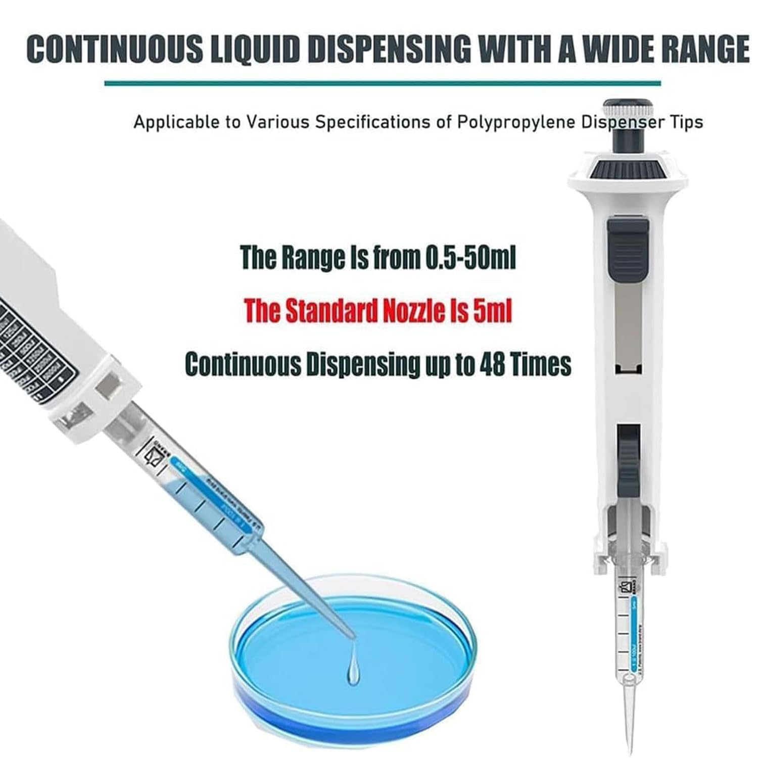 Micropipeta de laboratorio, pipeta continua de alta precisión, con puntas de 5 ml, desplazamiento de líquido ajustable de 5 velocidades, pipeta monocanal, dispensador de gotero, para investigación