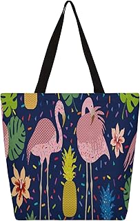Sacola de lona para mulheres, abacaxi, flamingo, flor, sacolas grandes para homens com bolsos, sacolas de compras resistentes, sacolas de compras reutilizáveis, bolsa de ombro casual para escola, trabalho, praia, Multicor