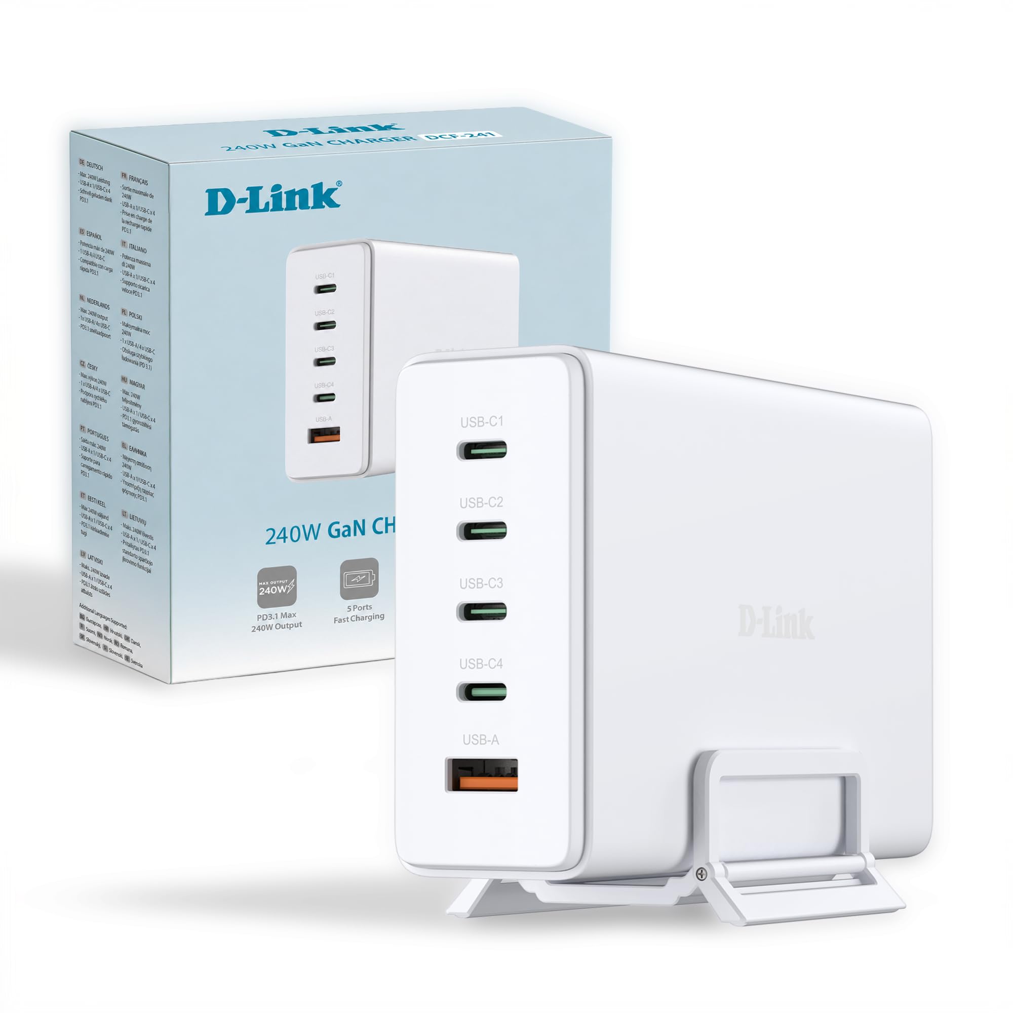 D-Link DCF‑241 Caricabatterie GaN 240 W – Stazione di ricarica USB 5 porte (4× USB‑C), PD 3.1, QC 4.0/3.0, compatta