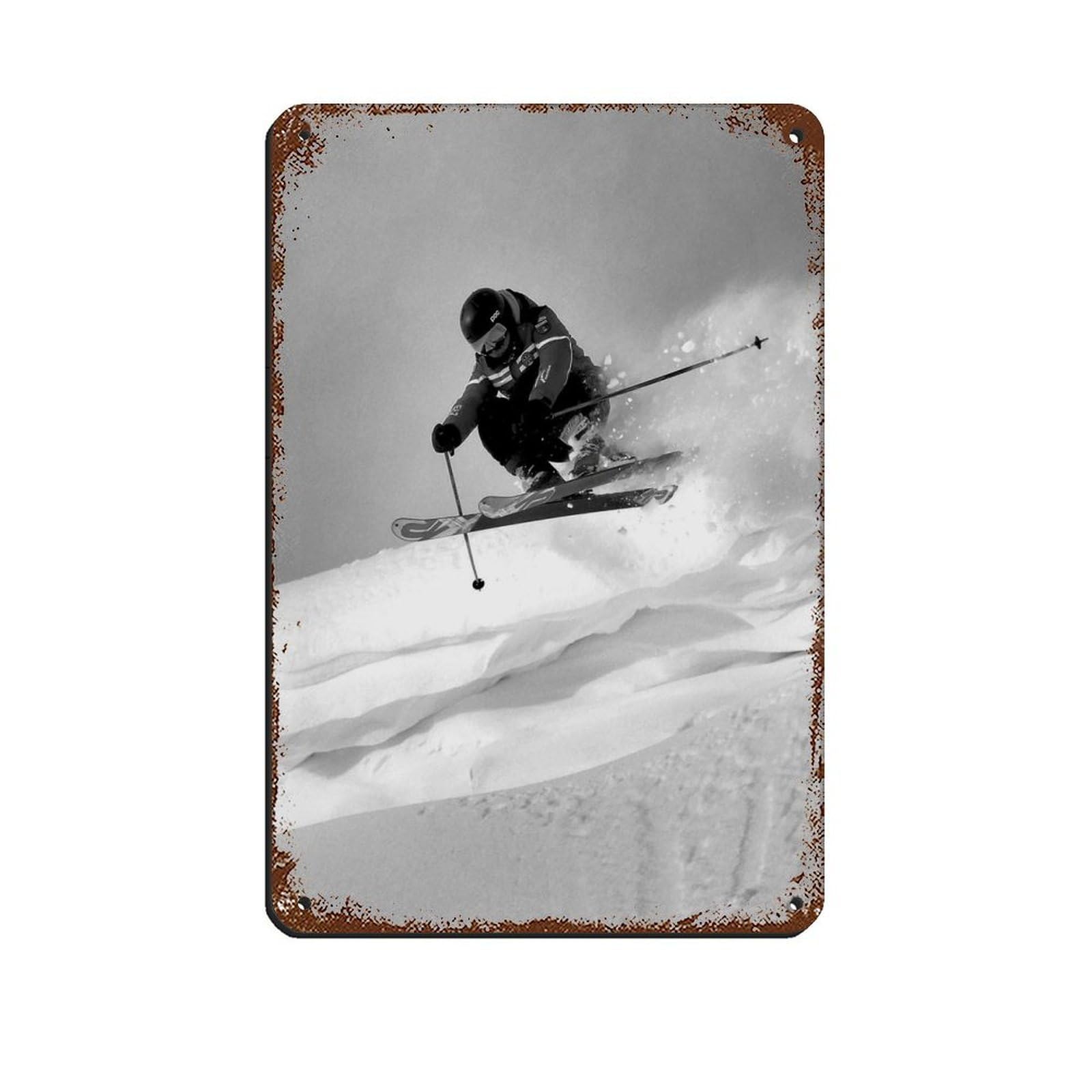 Vintage Man Ski on Mountain Poster Tin Sign Vintage Metal Pub Club Cafe Bar Home Wall Art Decoration Poster Retro 8x12inch(20x30cm)