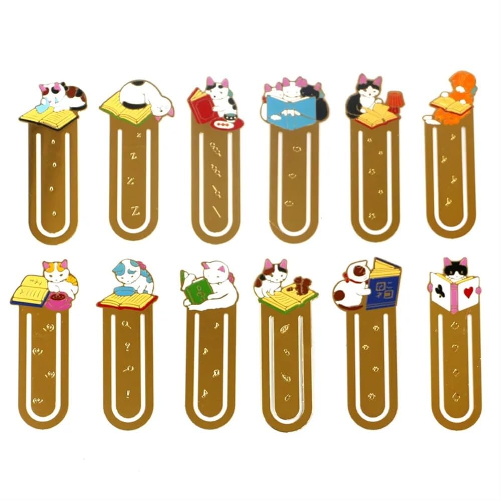 Kawaii - Segnalibri a forma di gatto, in metallo, con clip per agenda, grazioso supporto per pagine di libri, cancelleria coreana, strumenti di lettura, forniture per ufficio (12 gatti)
