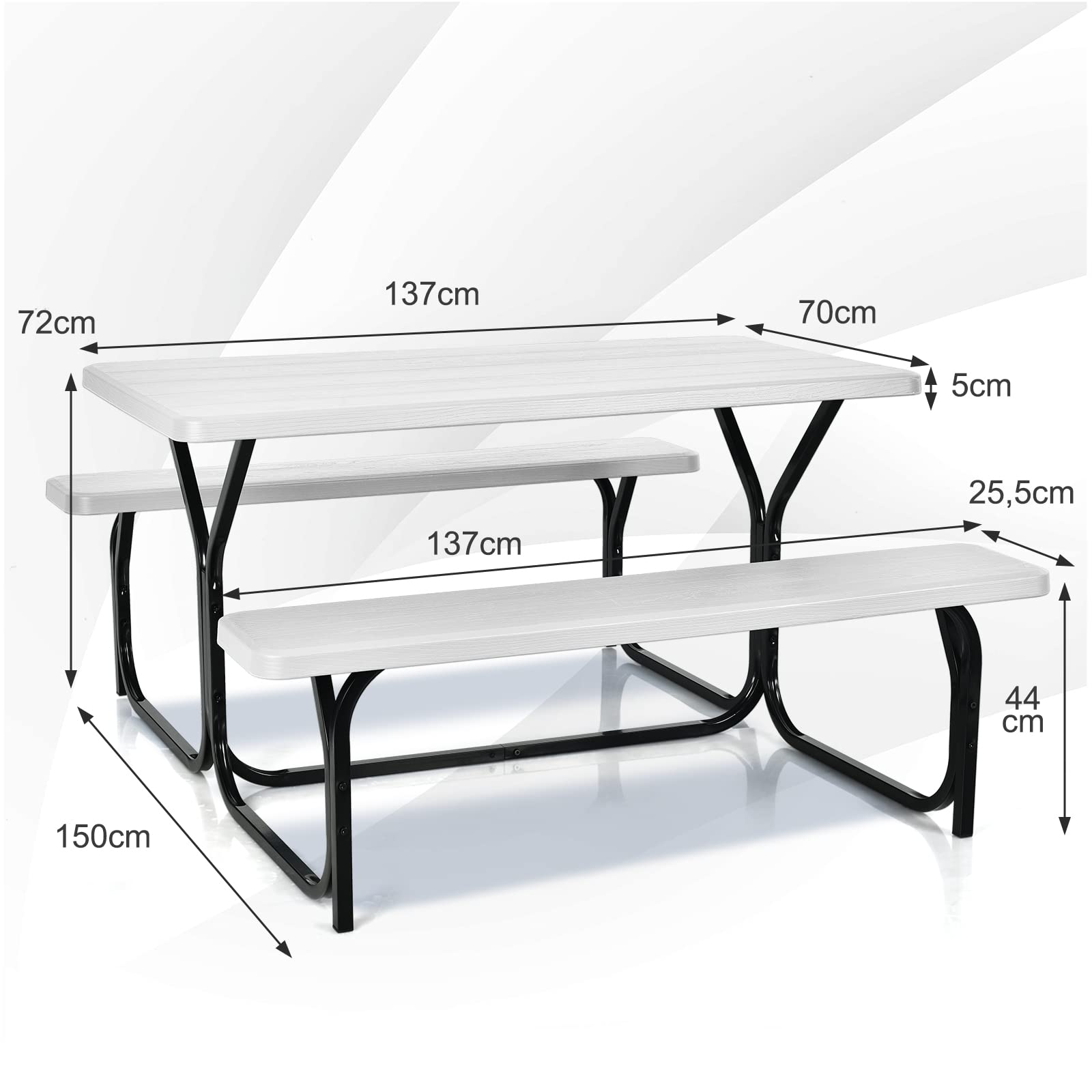GOPLUS Bierzeltgarnitur Campingtisch mit 2 Bänken, Picknick Sitzgarnitur mit HDPE-Tischplatte & Stabilem Metallgestell, Gartensitzgruppe für 4 Personen, 137 x 150 x 72 cm (Weiß)