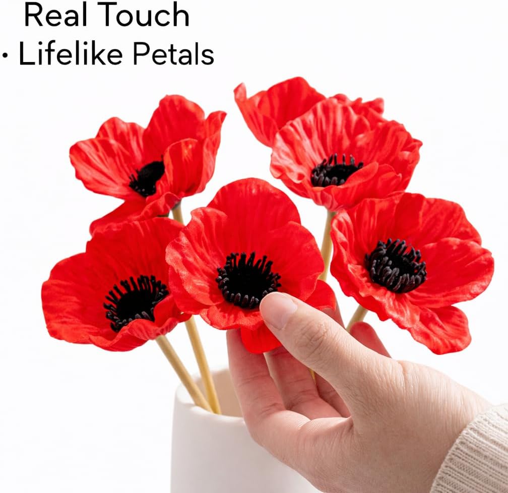 Floral Kingdom Artificial Poppy Flowers 8 Pcs 10 Inch Red - Real Touch Latex Poppies for Home Décor, Wedding Bouquets, Party Decorations, Bathroom Decor - Image 5