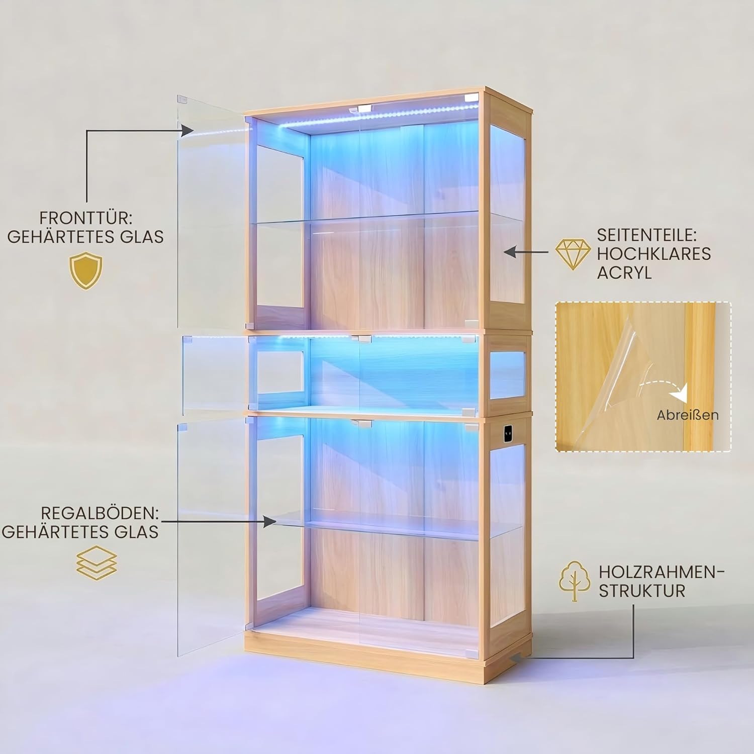 ZKIODV Glasvitrine mit LED Beleuchtung, 5-Lagen Vitrinenschrank Glas Stehend, Holz Vitrine mit Intelligente Sensorik, Sammlervitrine Staubdicht für Wohnzimmer Schlafzimmer Büro - 165x80 cm (Eiche)