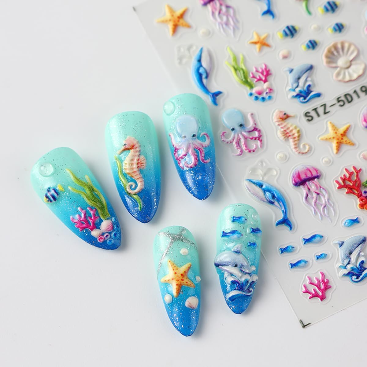 3D Ocean Nail Stickers Summer Beach Nail Decals Embossed Self Adhesive Whale Seahorse Starfish Coral Seashell Fish Designs Nail Art Accessories for Women DIY Manicure Decorations Supplies 2PCS