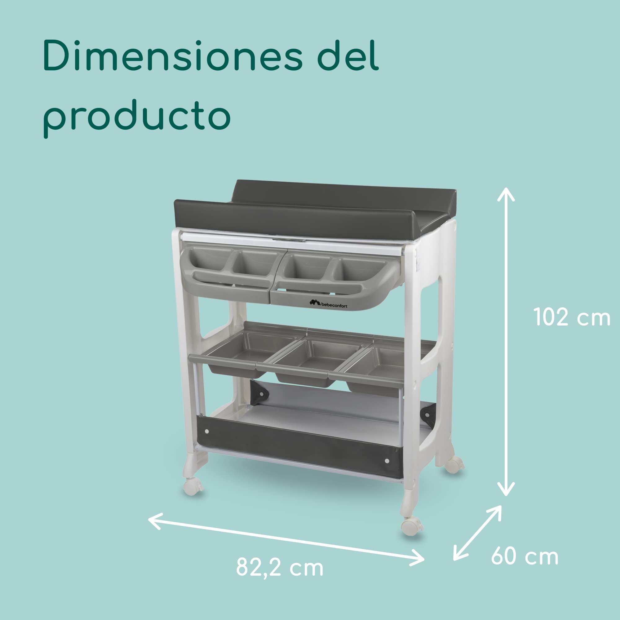 Bebeconfort Dolphy, Bañera Cambiador Bebé 2 en 1, 0-12 M (máx 11 kg), Fácil de Mover 4 Ruedas con Freno, Múltiples Compartimentos Almacenamiento, Colchón Cambiador Acolchado, Fácil Drenaje, Grey Mist