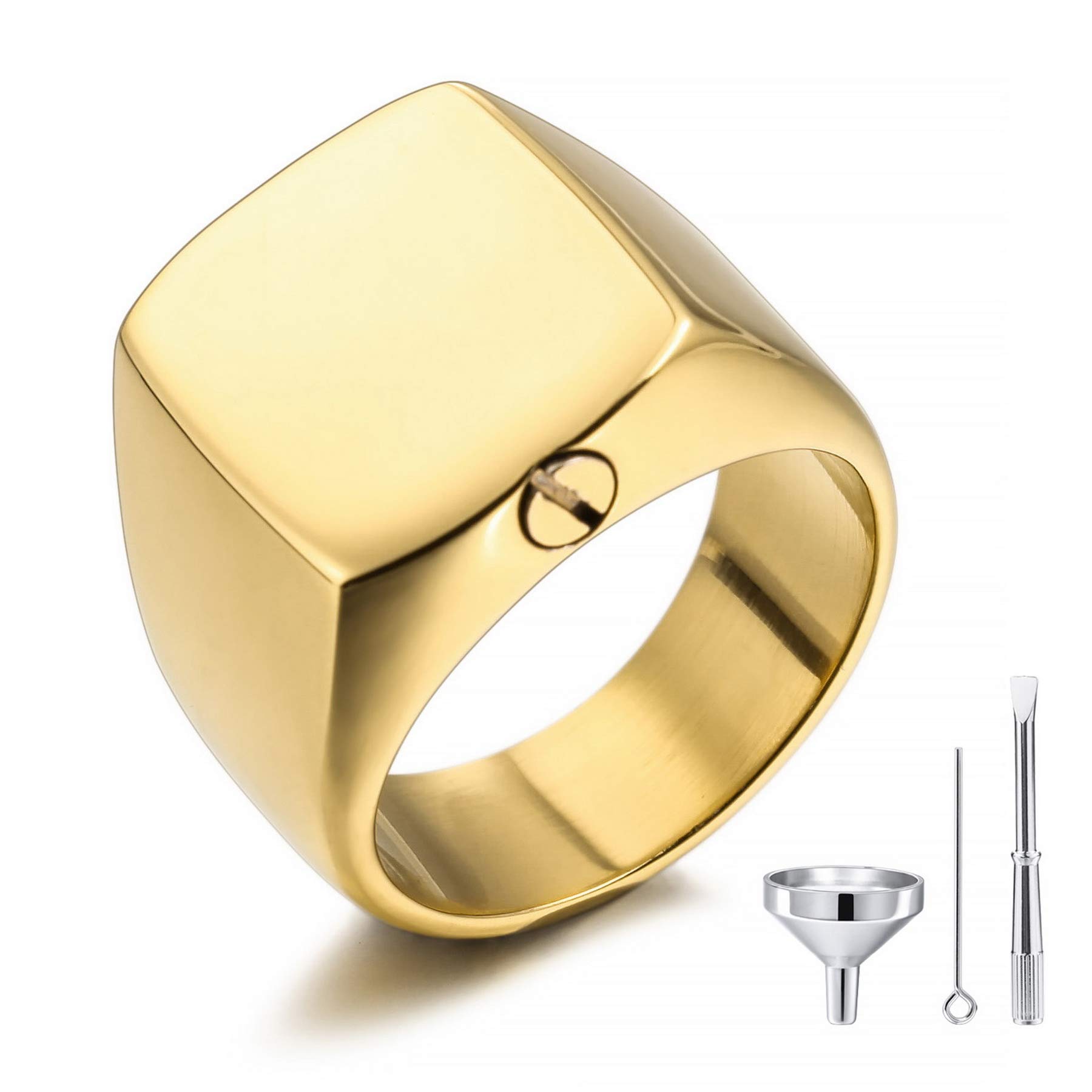 MeMeDIY Personalized Cremation Urn Ring Signet Ring Blank Photo Stainless Steel Memorial Ashes Holder Keepsake for Women Men Pet Dog Cat with Funnel Kit Ring Size Adjusters (Gold Size P)