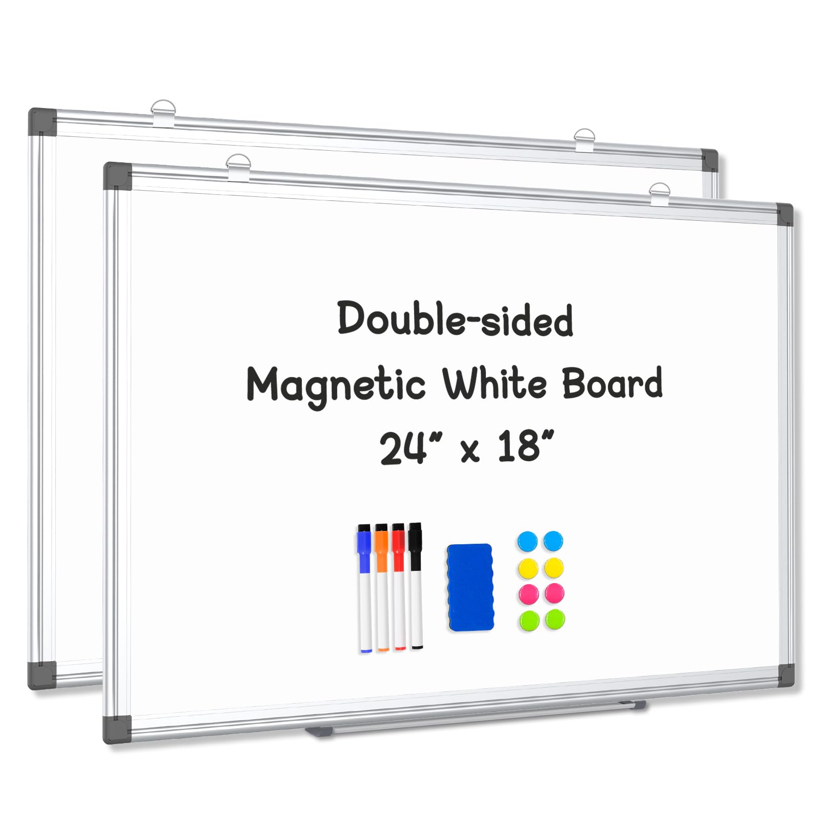 AMUSIGHT 2 Pack Double-Sided Magnetic Whiteboard, 24" x 18" Dry Erase Board, Aluminum Frame White Board for Wall, Hanging Mounting White Board Dry