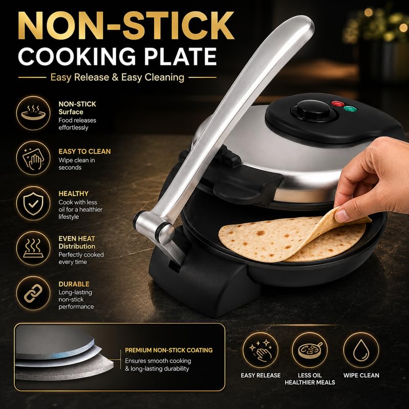Image of Elevea 𝟏𝟓 𝐘𝐞𝐚𝐫 𝐋𝐨𝐧𝐠 𝐋𝐢𝐟𝐞 𝐖𝐚𝐫𝐫𝐚𝐧𝐭𝐲 Electric Roti Maker, Non Stick Chapati Maker, Portable Dough Press, Fast Cooking Roti Machine with Indicator Light for Home Kitchen