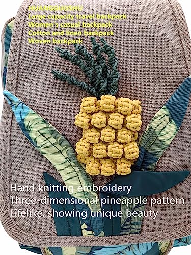 Image of Womens Cotton Hemp Cloth Backpack Boho Vintage Embroidered Casual Purse Handbags Messenger Bag Pineapple