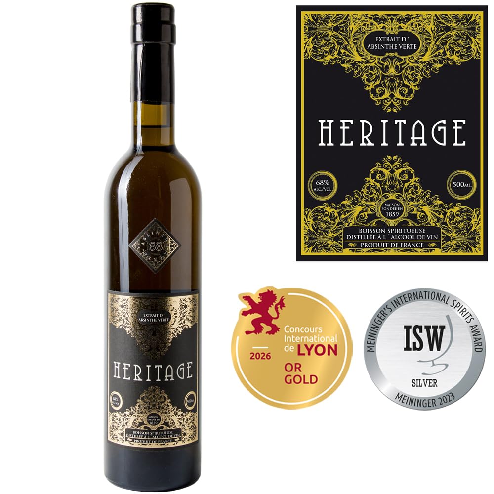 Absinth Set Heritage Verte | Mit Goldmedaille prämiert | Mit Weinalkohol destilliert | 2x Absinth Gläser, Löffel und Zuckerwürfel | 68% (1x 0,5 l)