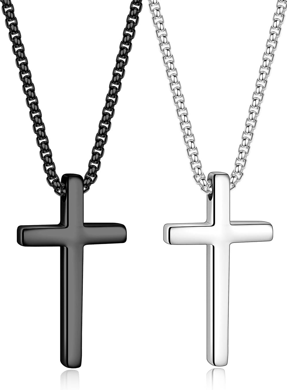 Yooblue Valentines Gifts - 2 Pcs/3 Pcs Cross Necklace for Men, Silver Black Gold Cross Chain Stainless Steel Cross Pendant Jewelry Gifts for Boys Men 16-30 Inches