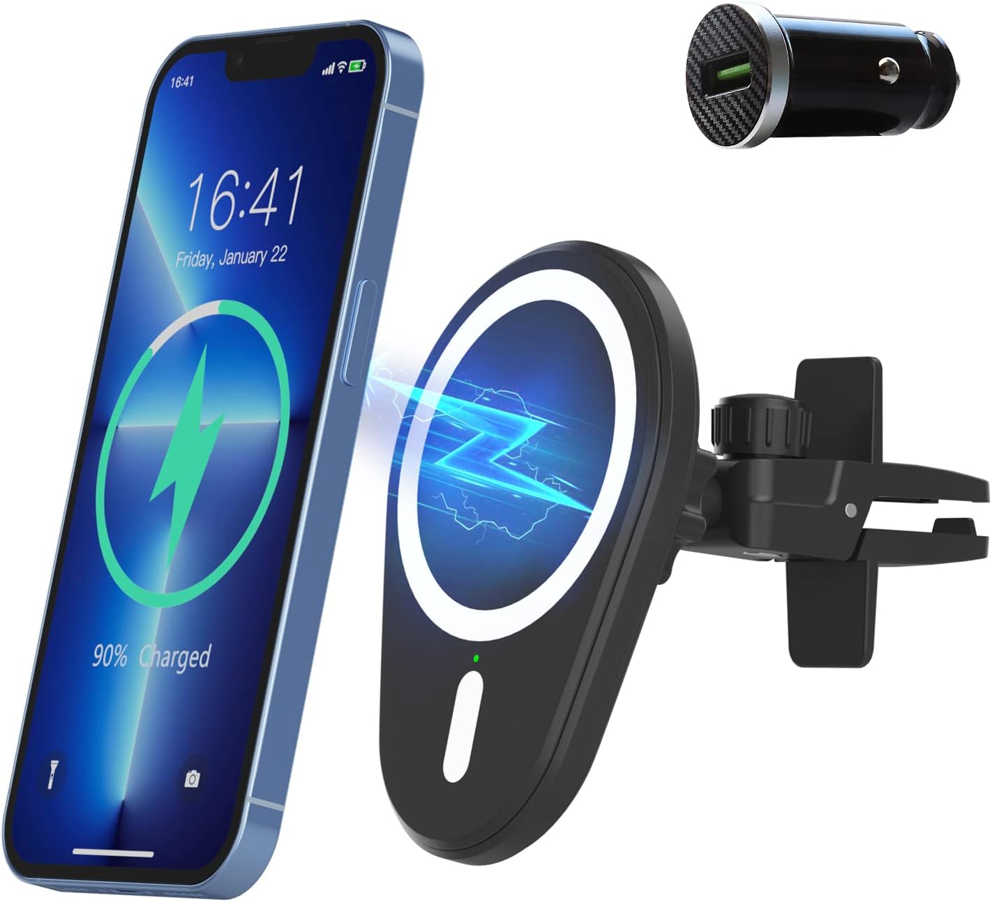 Yiisonger Cargador Inalámbrico Magnético para Coche, Soporte Cargador Coche mag-Safe Carga Rápida 15W Compatible con iPhone 14/13/12 Pro/Pro MAX/Mini(Cargador QC3.0 Incluido)