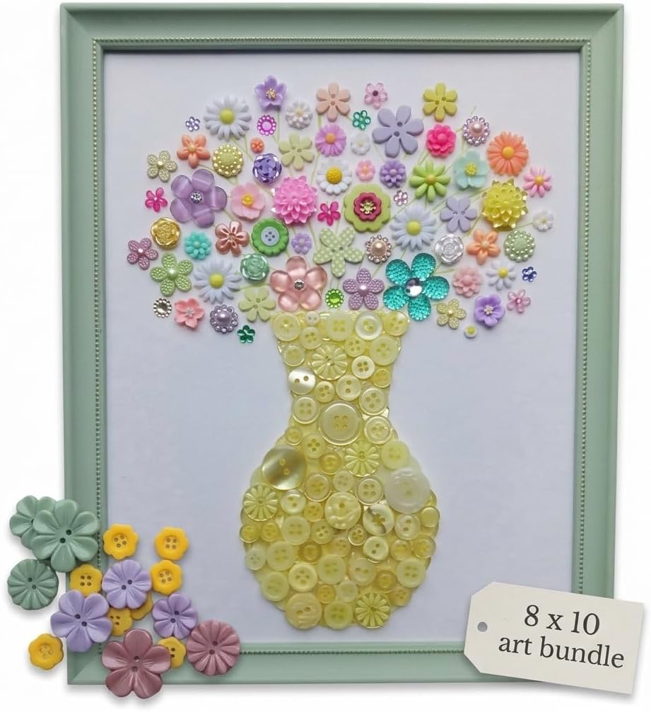Flower Button Art Bundle | 75+ Assorted Flower Buttons + Yellow Fillers | Craft & DIY Decor Kit (8” x 10” Frame Size)