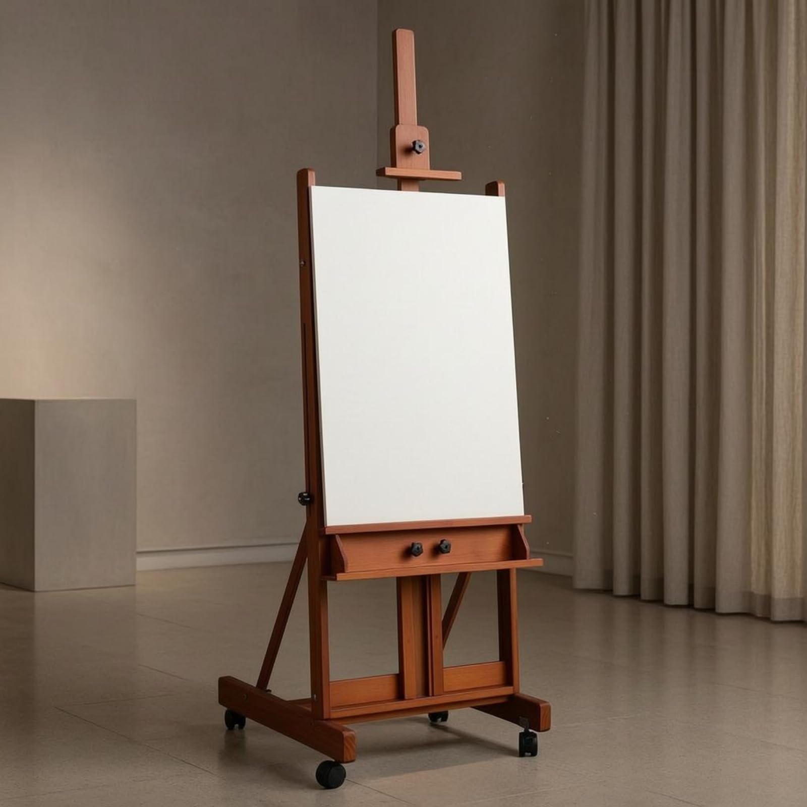 Cavalletto da Pittura Pieghevole Regolabile con Ruote in Legno in Faggio con Base Ampia Vassoio Porta, Legno Naturale, Media