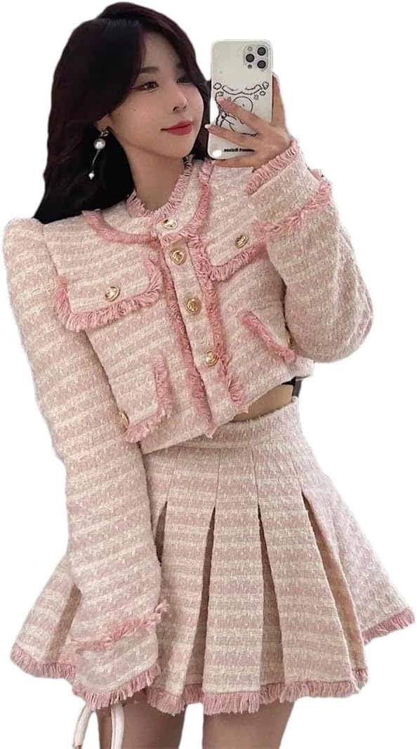 Women's Long-Sleeved, Round-Neck Spring Tassel Tweed Blazer and High-Waisted Pleated Miniskirt Two-Piece Suit