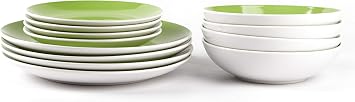 HomeVss, Stoneware Coupe Shape 12pc Dinnerware Set, Outside White + Inside Bamboo