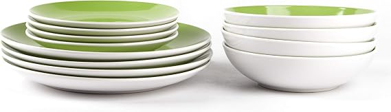HomeVss, Stoneware Coupe Shape 12pc Dinnerware Set, Outside White + Inside Bamboo