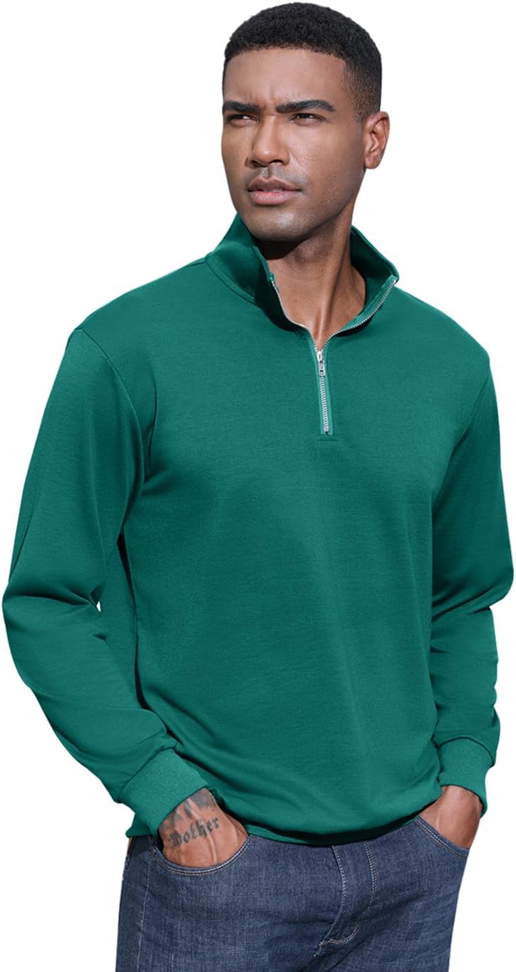 Men's Fashion Quarter Zip Pullover Mock Neck Sweatshirts Long Sleeve Cotton Solid Zip Up Polo Shirts - Image 3
