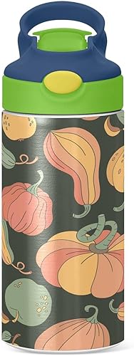 Miniatura 2 de Botella de agua para niños con popote y popote para niños con diseño de calabazas verdes, con aislamiento térmico, de acero inoxidable, para niños y
