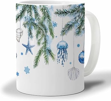 Coffee Mug, Watercolor Blue Jellyfish Starfish Shell Pine Needles Tea Cup for Women and Men, Gifts for Mothers Day Nurse Gift Graduation Gift