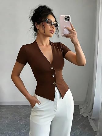 Women V Neck Elegant Solid Color Fit Front Button T-Shirt Summer Tops